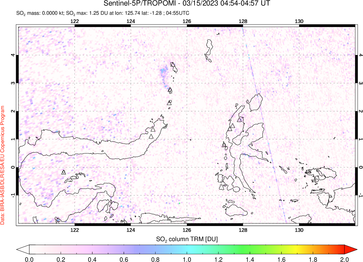 A sulfur dioxide image over Northern Sulawesi & Halmahera, Indonesia on Mar 15, 2023.