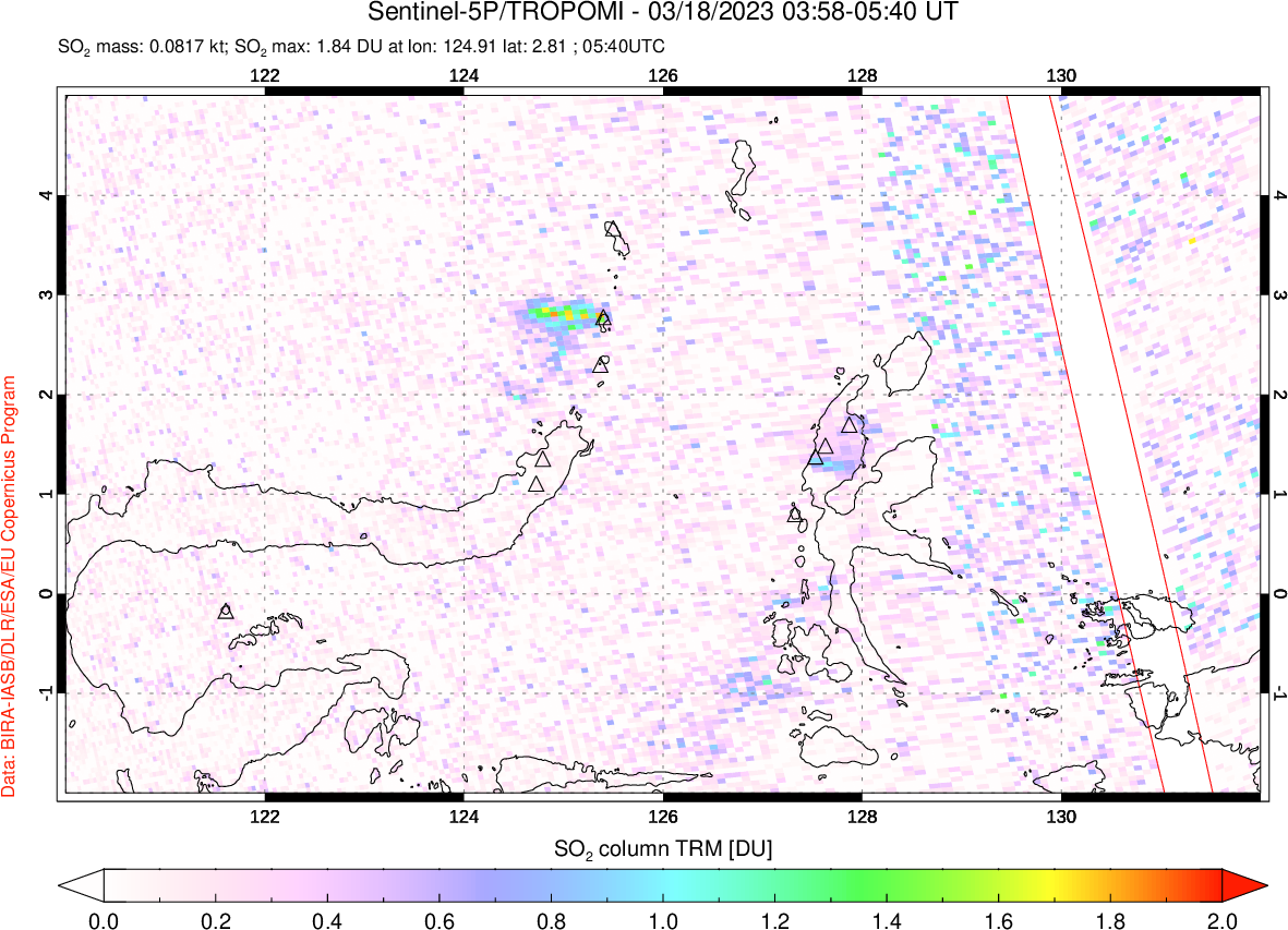 A sulfur dioxide image over Northern Sulawesi & Halmahera, Indonesia on Mar 18, 2023.