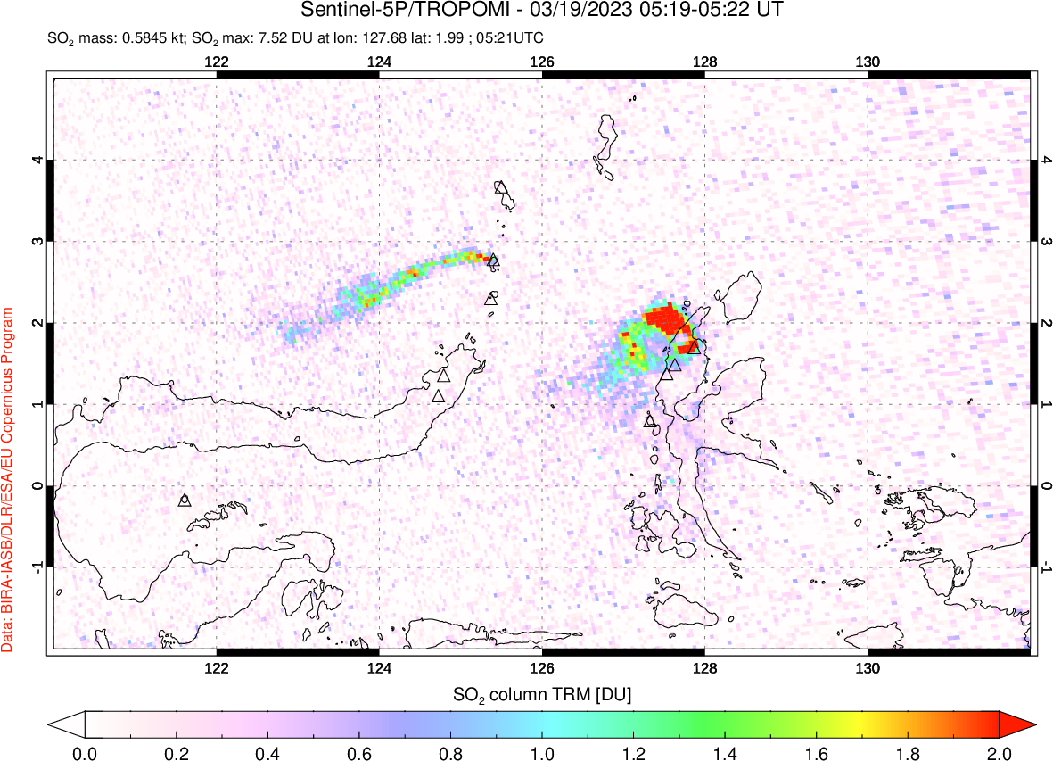 A sulfur dioxide image over Northern Sulawesi & Halmahera, Indonesia on Mar 19, 2023.