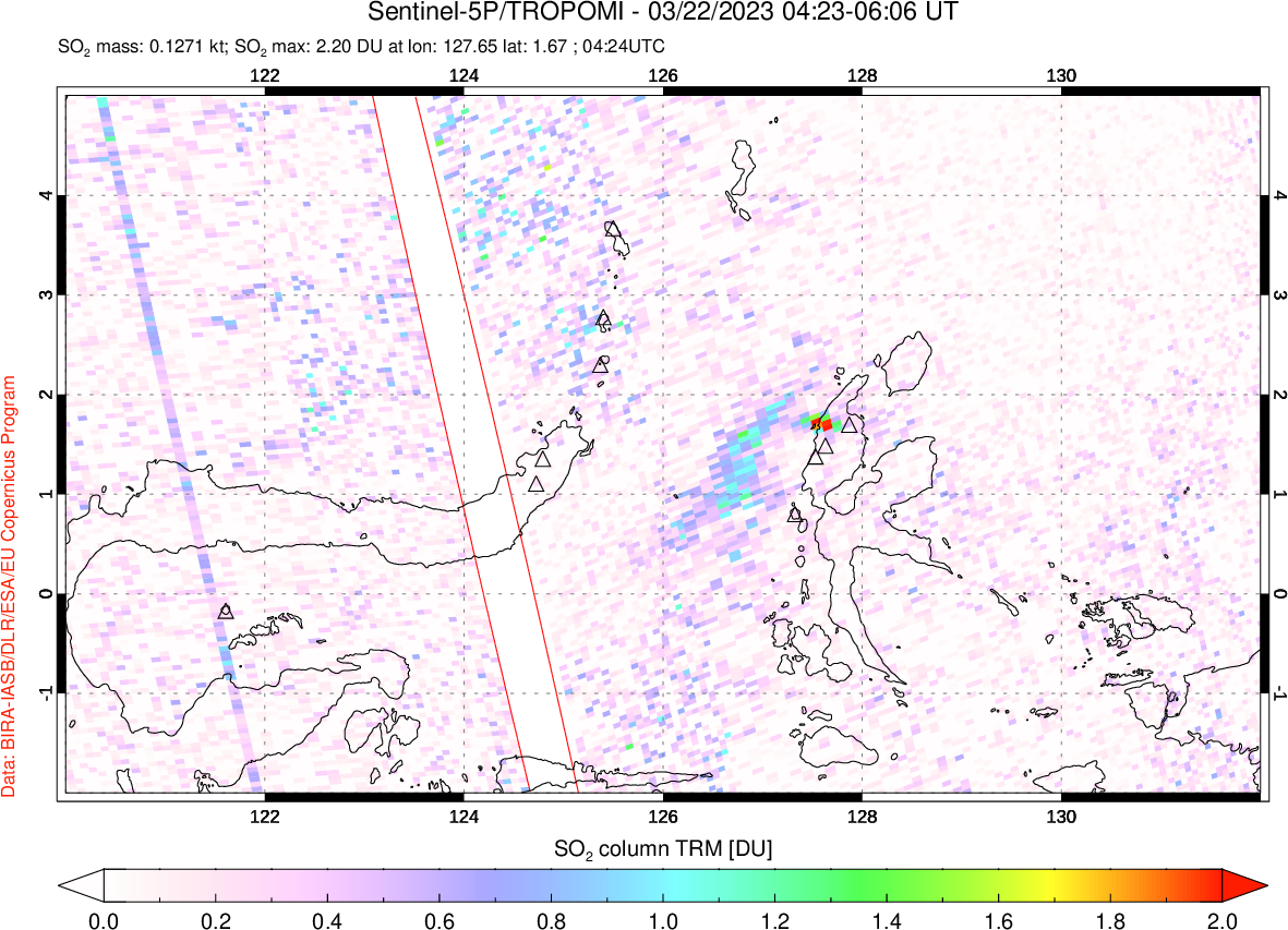 A sulfur dioxide image over Northern Sulawesi & Halmahera, Indonesia on Mar 22, 2023.
