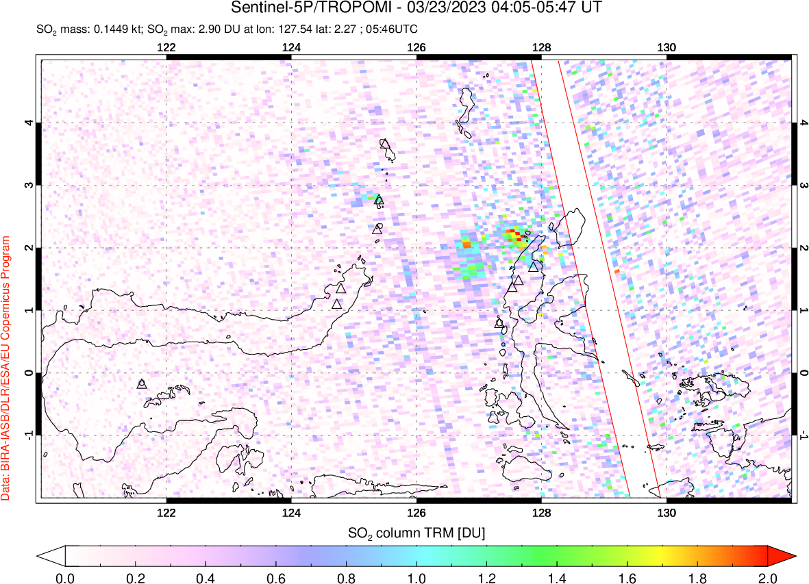 A sulfur dioxide image over Northern Sulawesi & Halmahera, Indonesia on Mar 23, 2023.