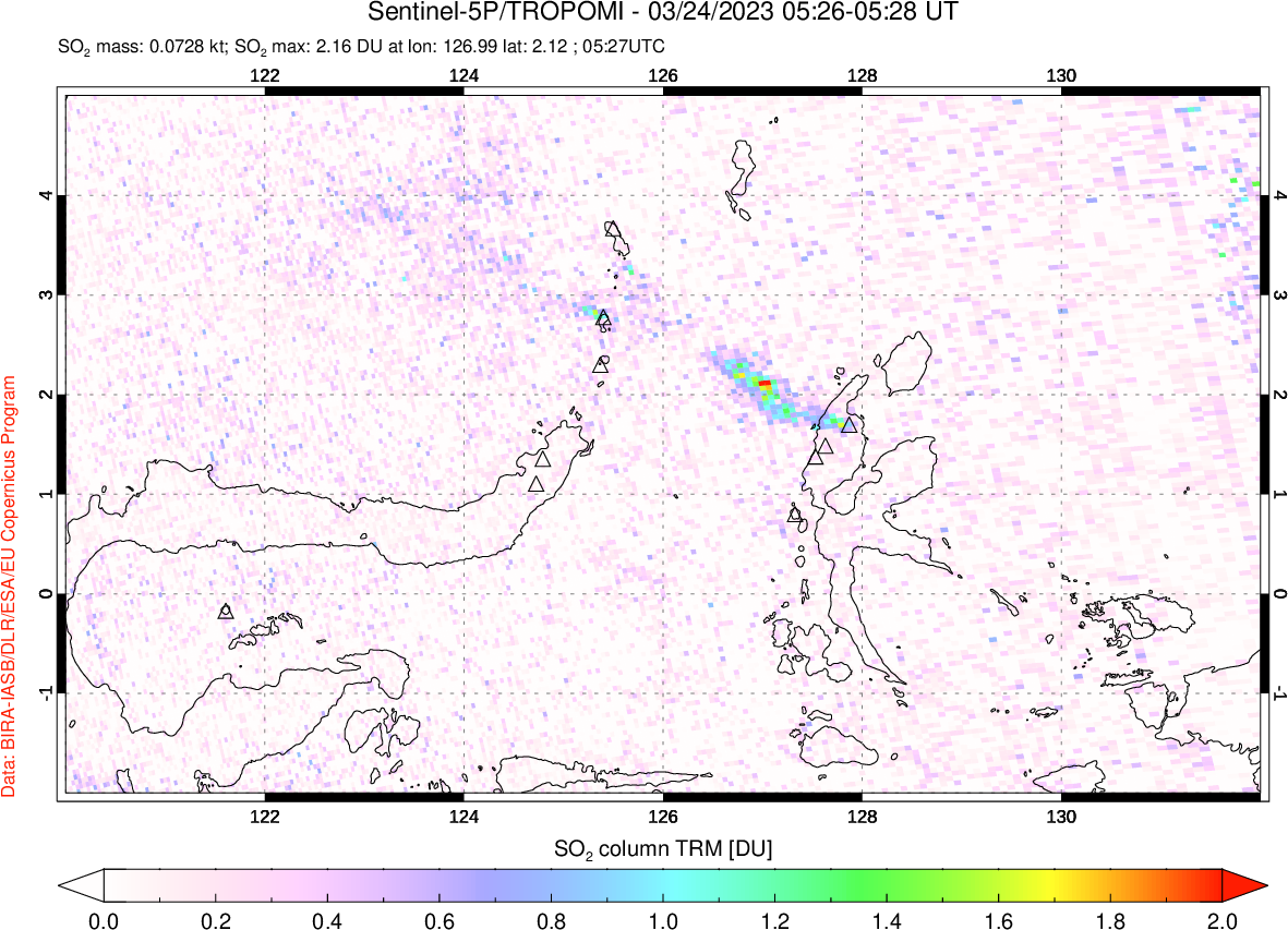 A sulfur dioxide image over Northern Sulawesi & Halmahera, Indonesia on Mar 24, 2023.