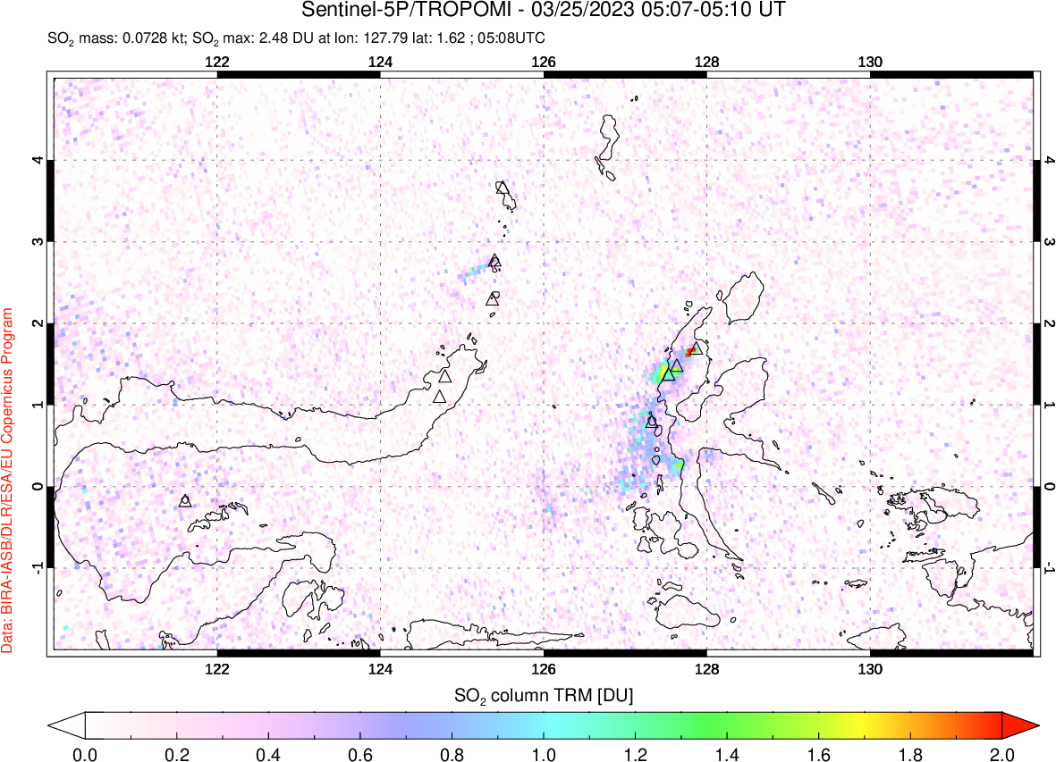 A sulfur dioxide image over Northern Sulawesi & Halmahera, Indonesia on Mar 25, 2023.
