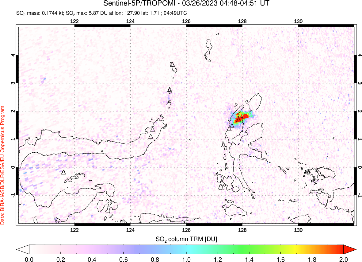 A sulfur dioxide image over Northern Sulawesi & Halmahera, Indonesia on Mar 26, 2023.