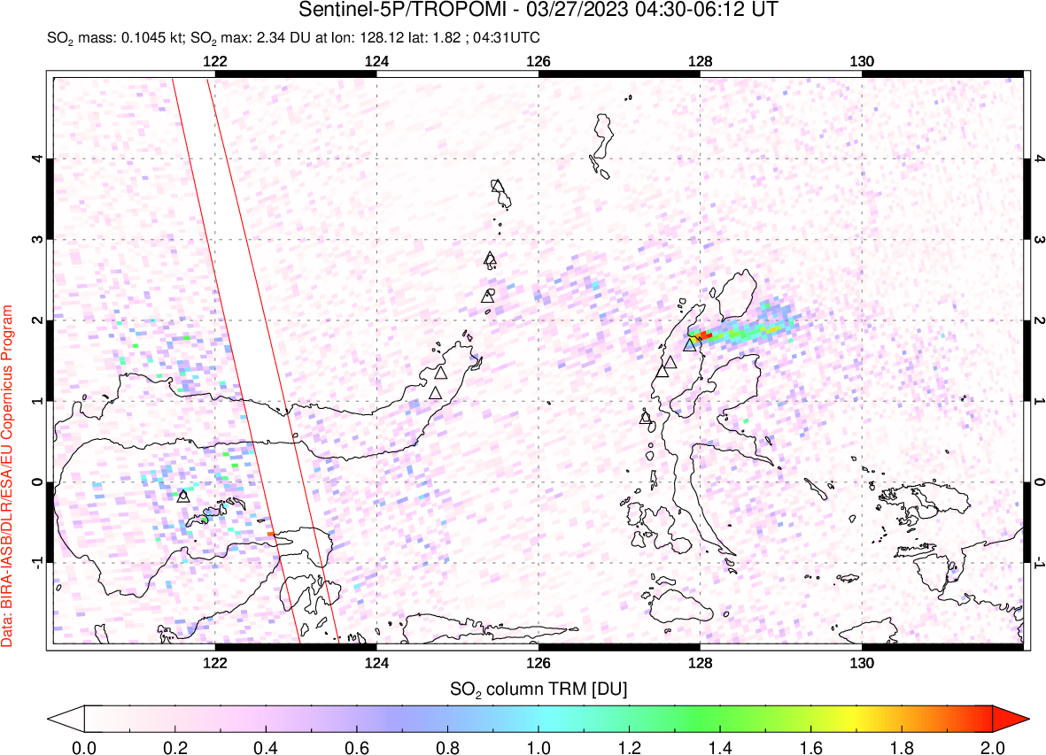 A sulfur dioxide image over Northern Sulawesi & Halmahera, Indonesia on Mar 27, 2023.