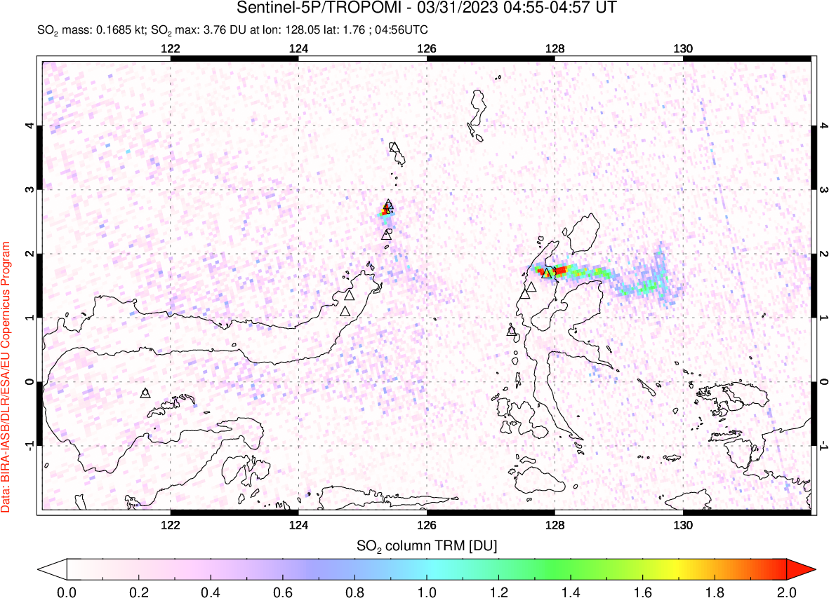 A sulfur dioxide image over Northern Sulawesi & Halmahera, Indonesia on Mar 31, 2023.