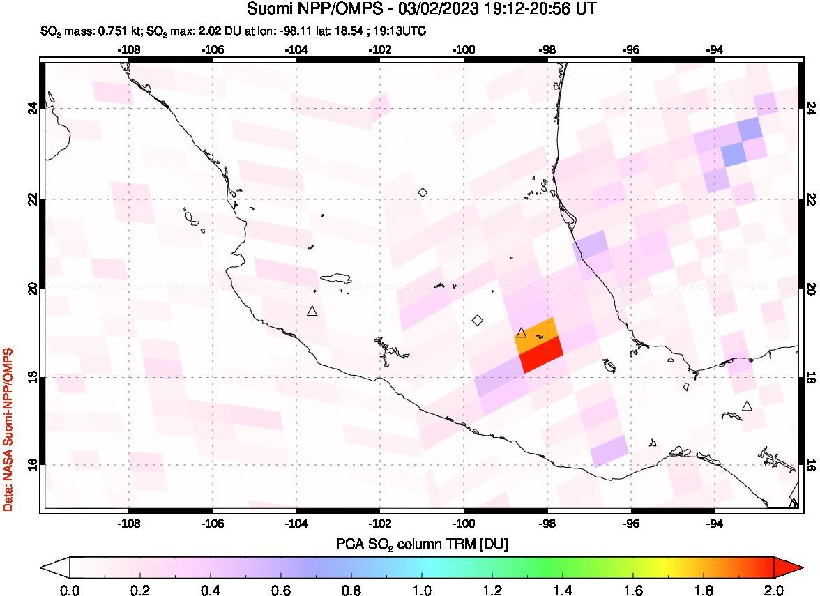 A sulfur dioxide image over Mexico on Mar 02, 2023.