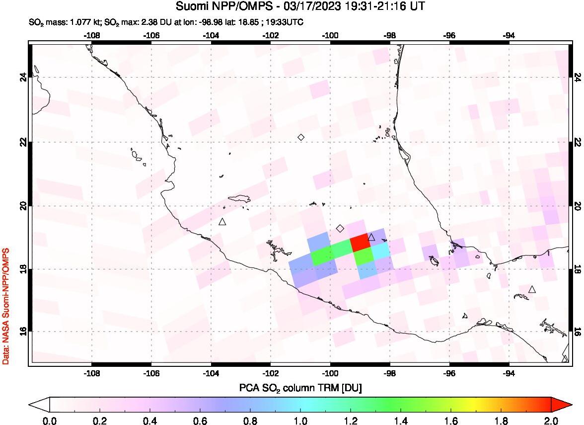 A sulfur dioxide image over Mexico on Mar 17, 2023.