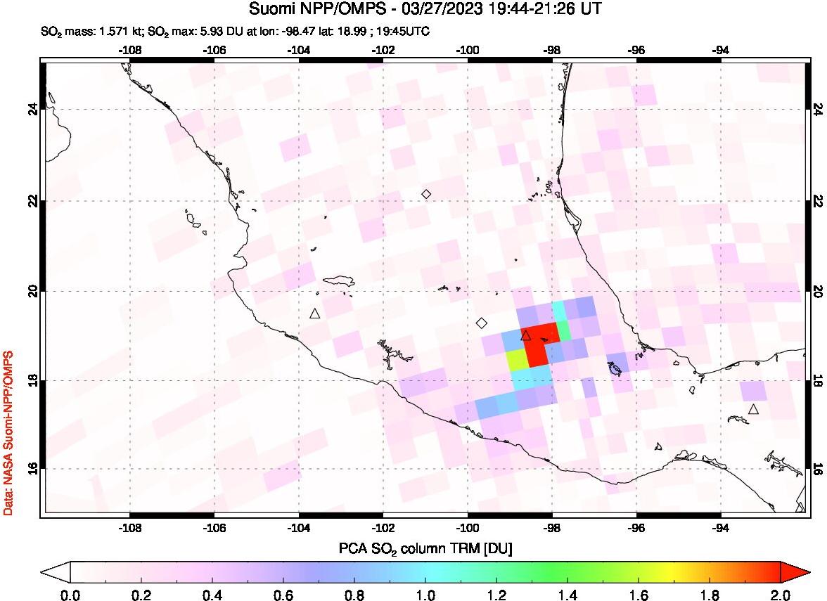 A sulfur dioxide image over Mexico on Mar 27, 2023.