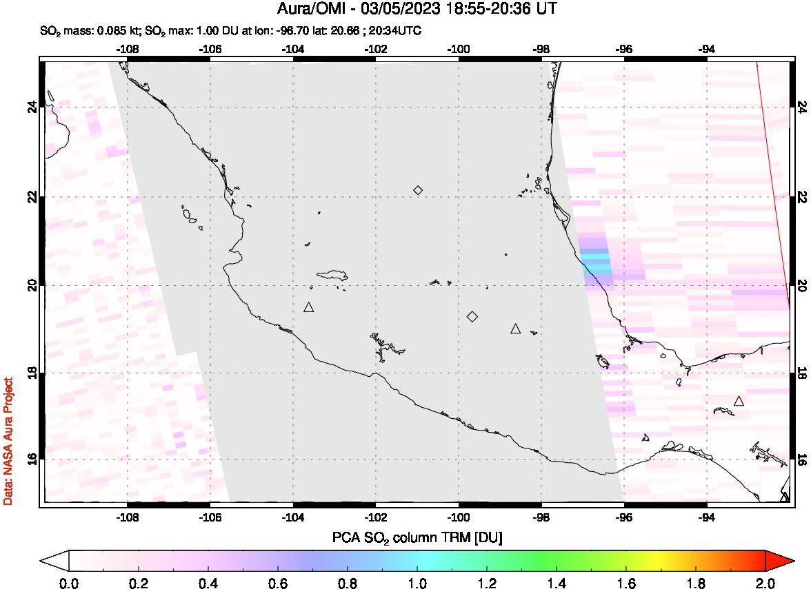 A sulfur dioxide image over Mexico on Mar 05, 2023.