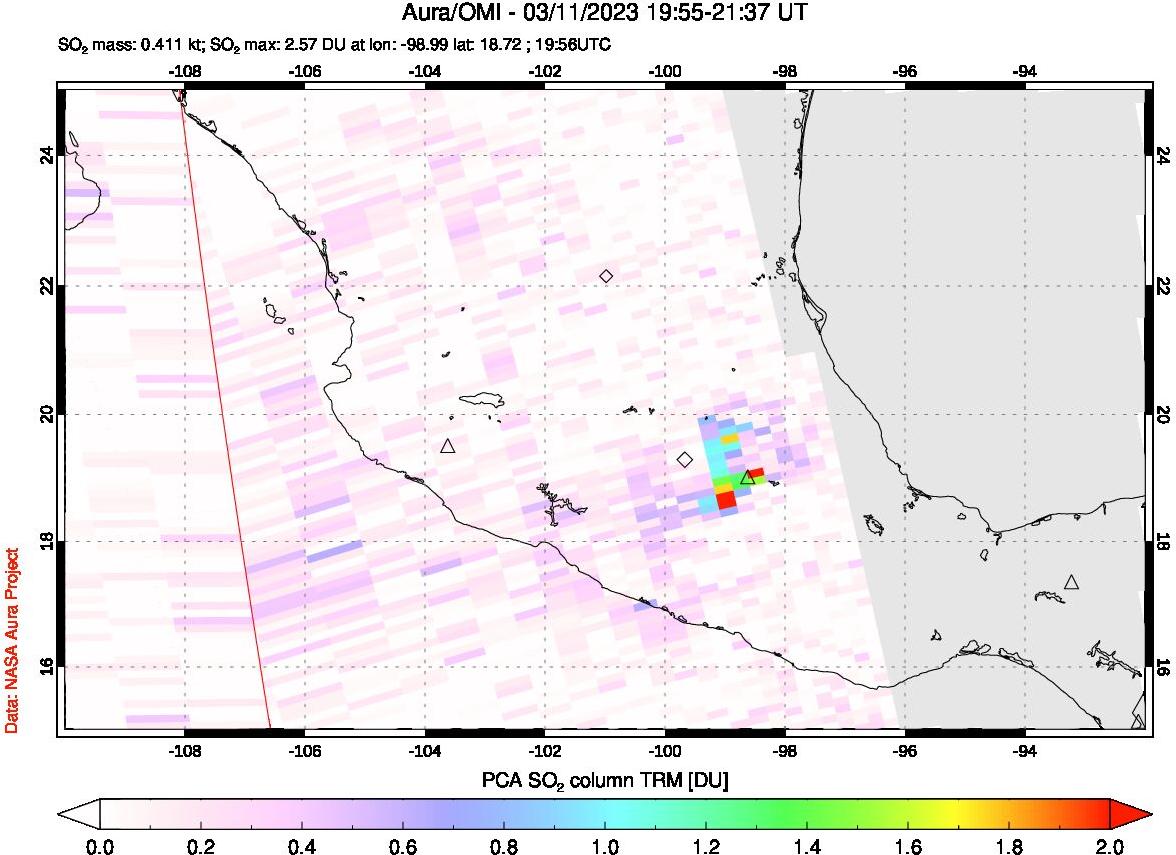 A sulfur dioxide image over Mexico on Mar 11, 2023.