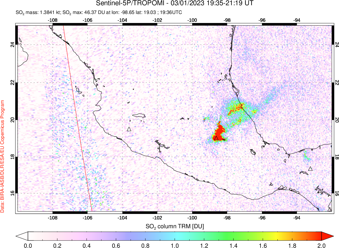 A sulfur dioxide image over Mexico on Mar 01, 2023.
