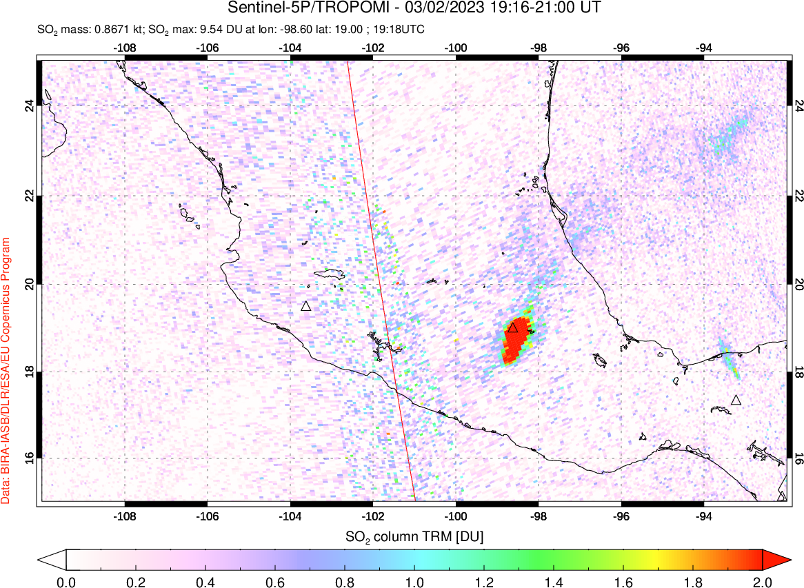 A sulfur dioxide image over Mexico on Mar 02, 2023.