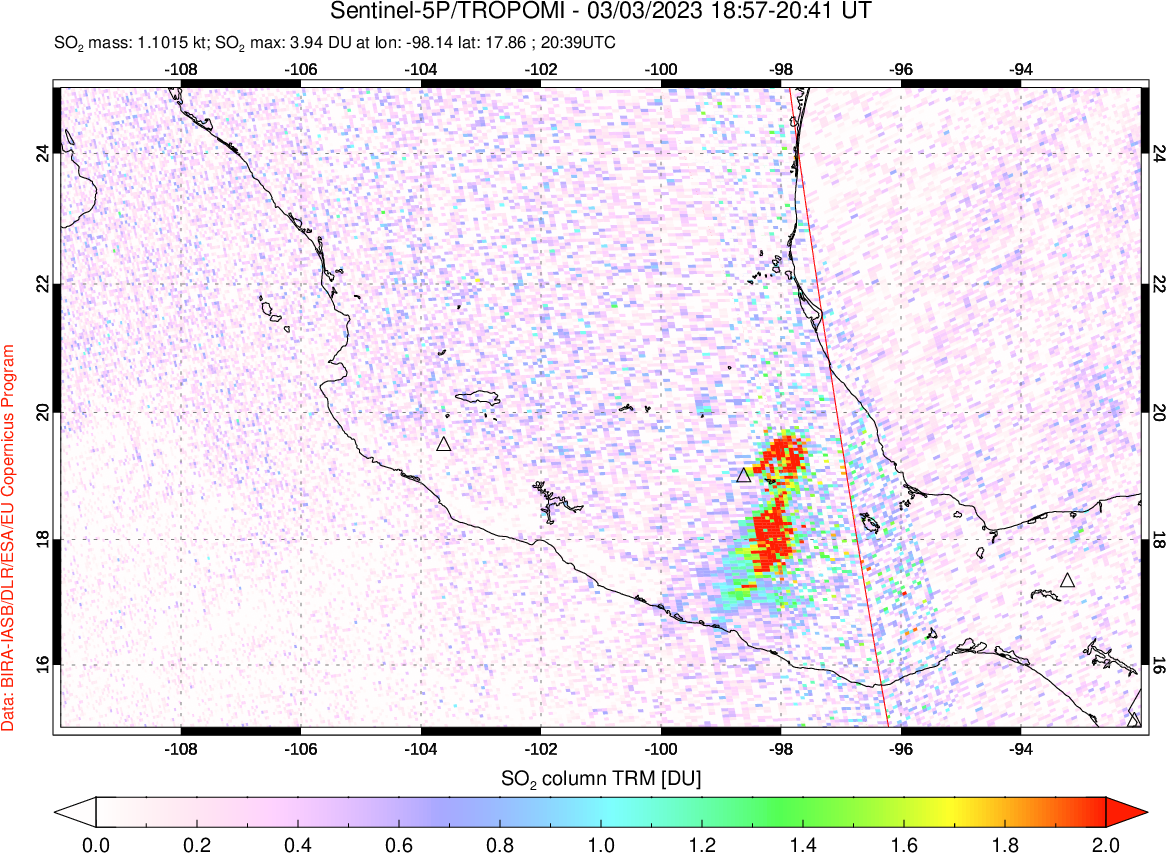 A sulfur dioxide image over Mexico on Mar 03, 2023.
