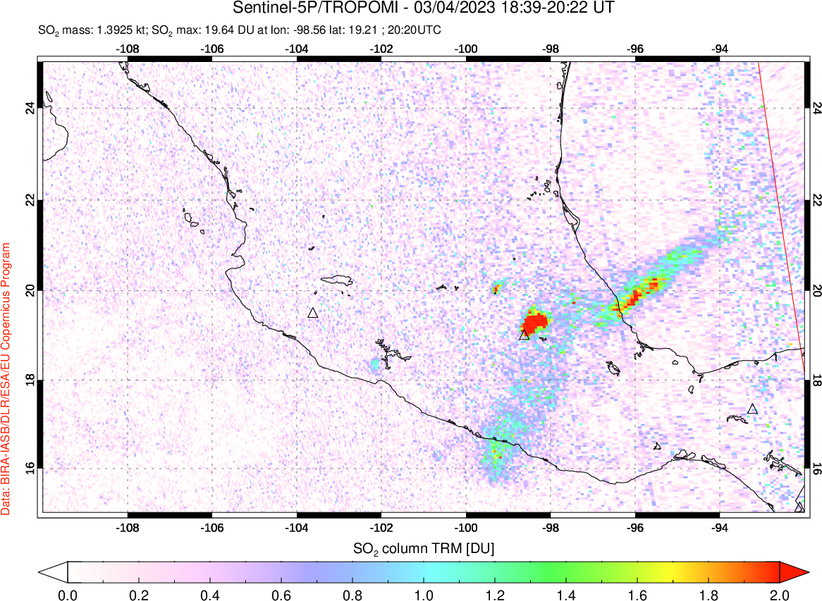 A sulfur dioxide image over Mexico on Mar 04, 2023.