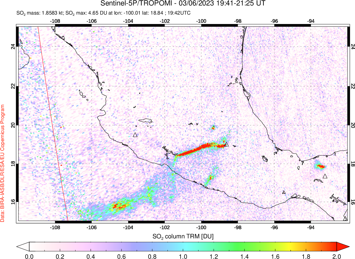 A sulfur dioxide image over Mexico on Mar 06, 2023.