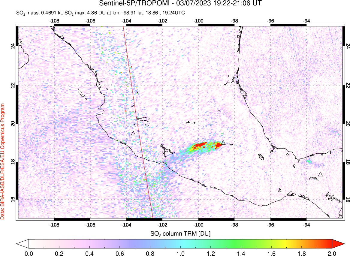 A sulfur dioxide image over Mexico on Mar 07, 2023.