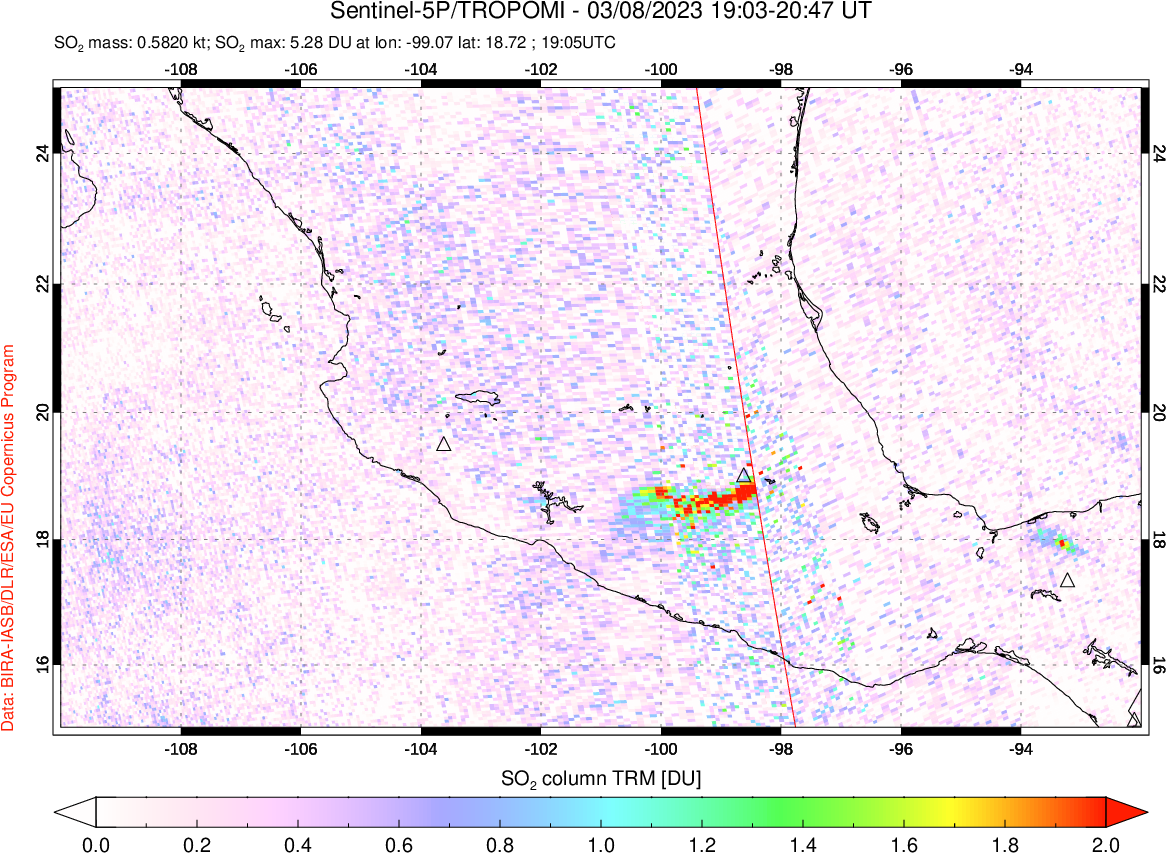 A sulfur dioxide image over Mexico on Mar 08, 2023.