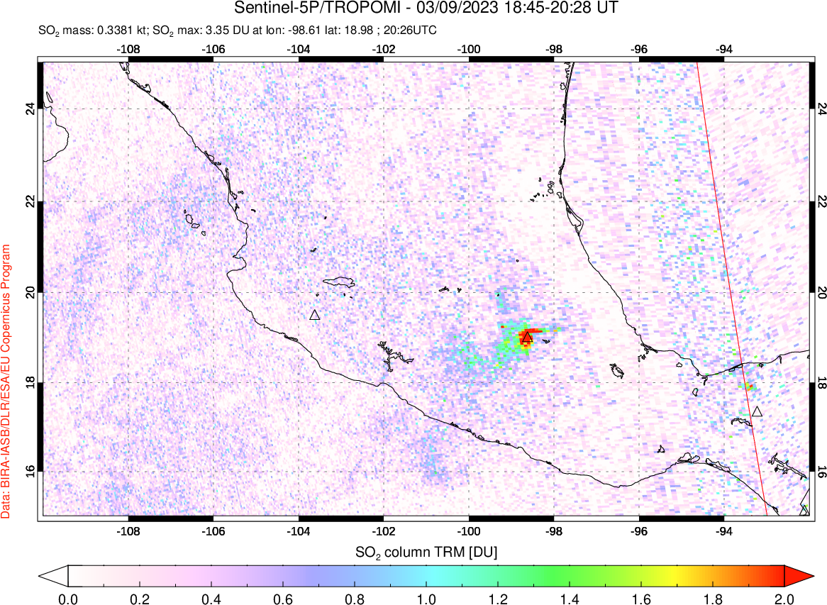 A sulfur dioxide image over Mexico on Mar 09, 2023.