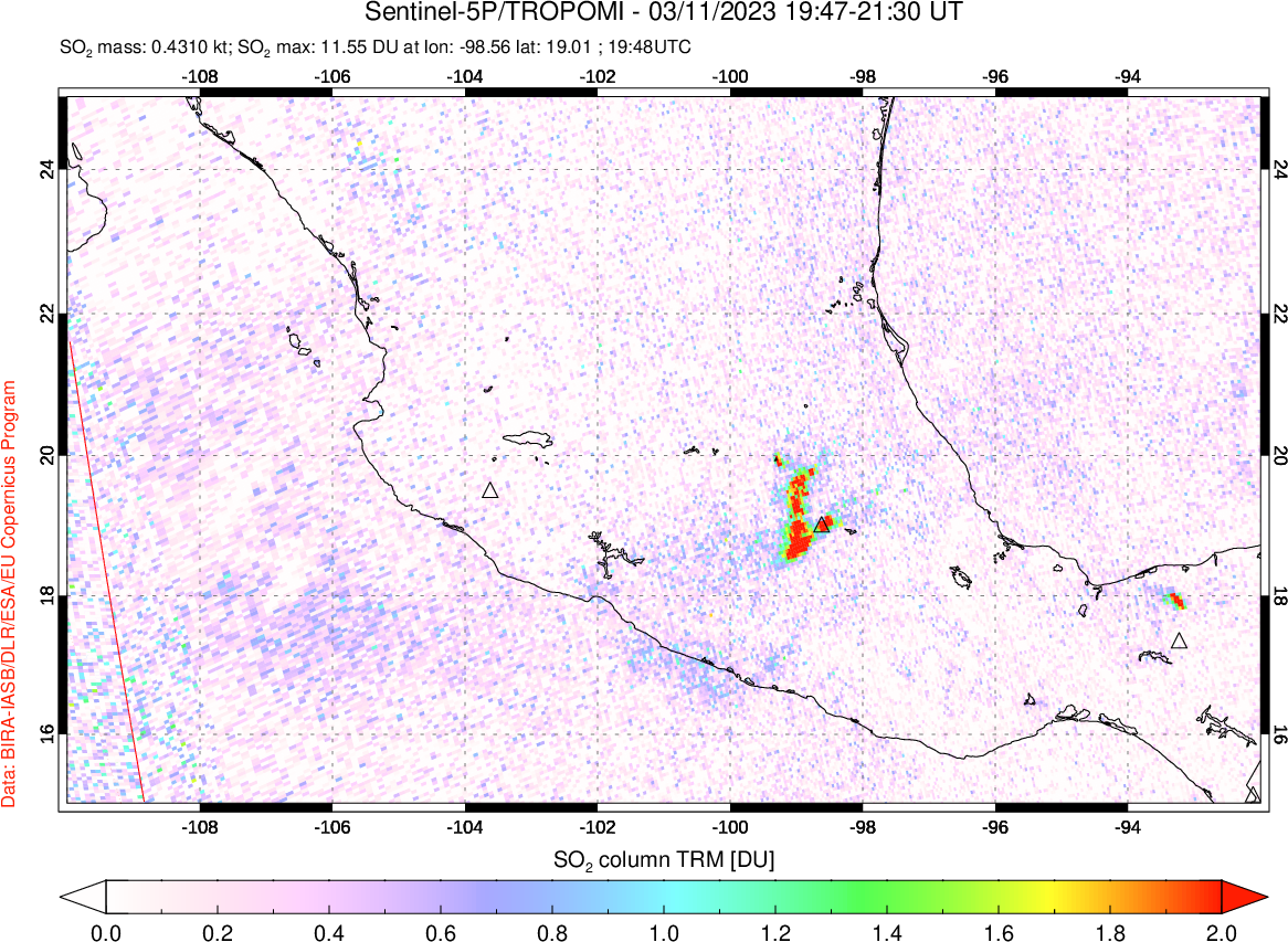 A sulfur dioxide image over Mexico on Mar 11, 2023.