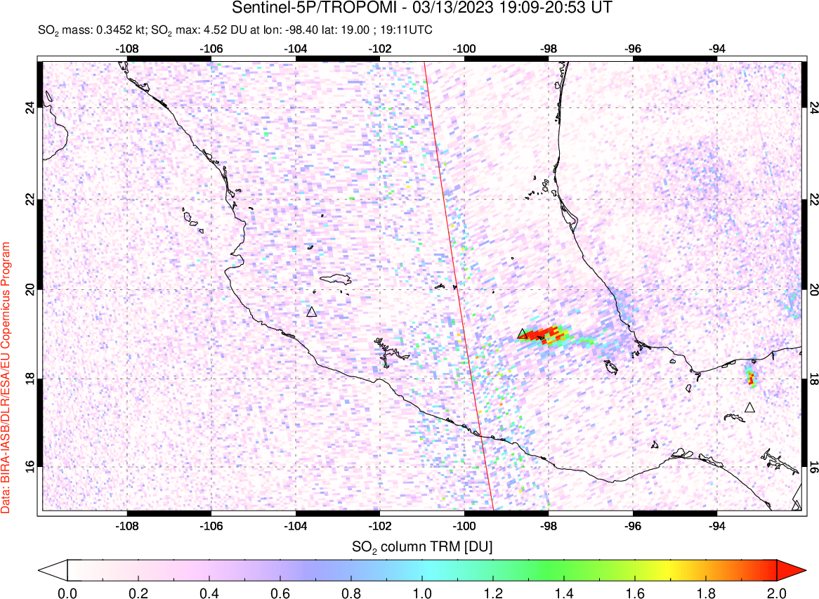 A sulfur dioxide image over Mexico on Mar 13, 2023.