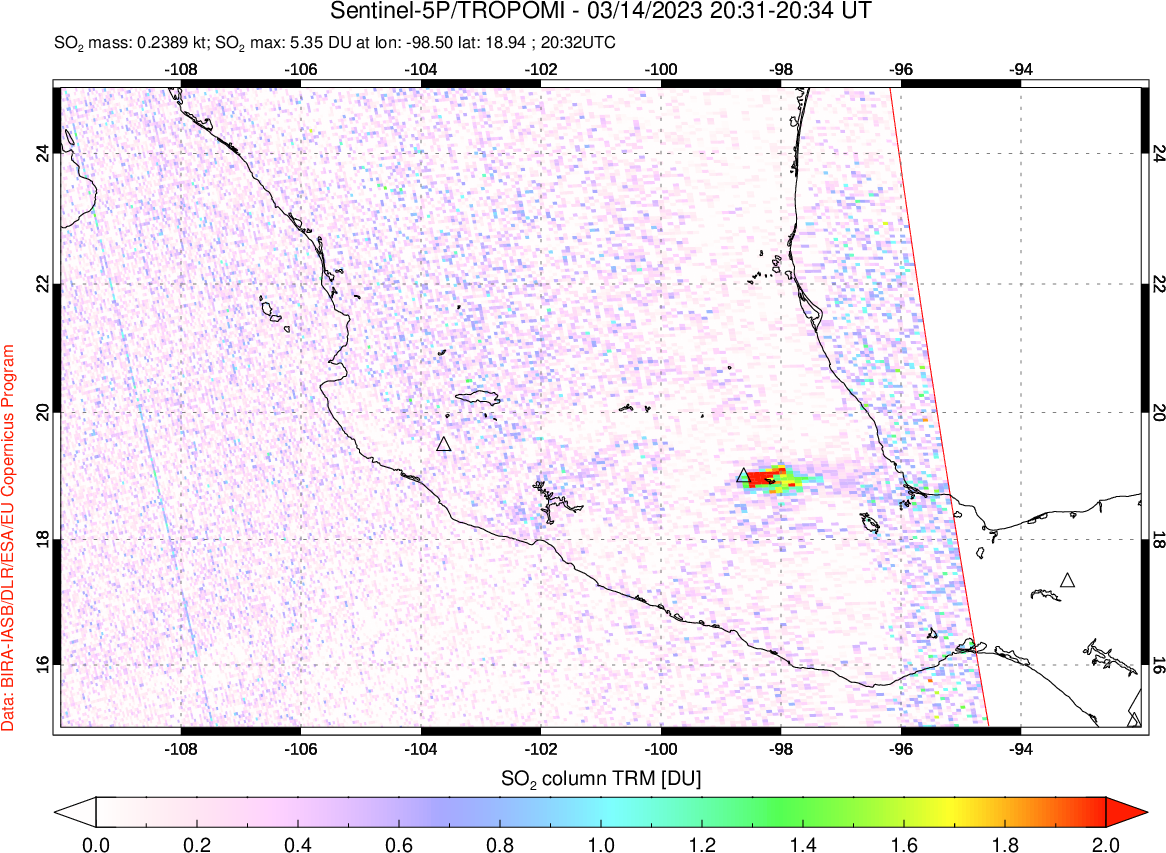 A sulfur dioxide image over Mexico on Mar 14, 2023.