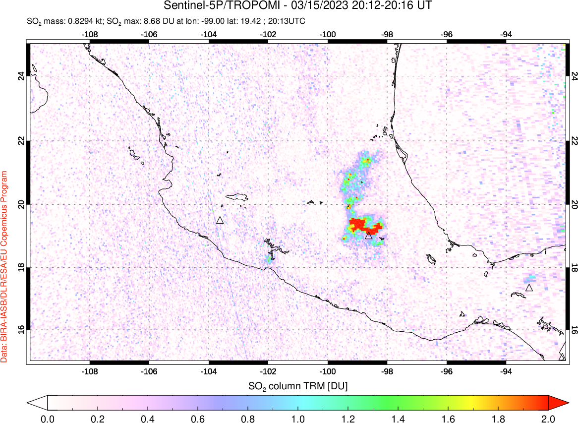 A sulfur dioxide image over Mexico on Mar 15, 2023.