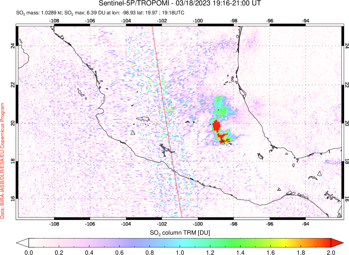 A sulfur dioxide image over Mexico on Mar 18, 2023.