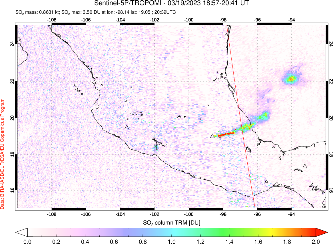 A sulfur dioxide image over Mexico on Mar 19, 2023.