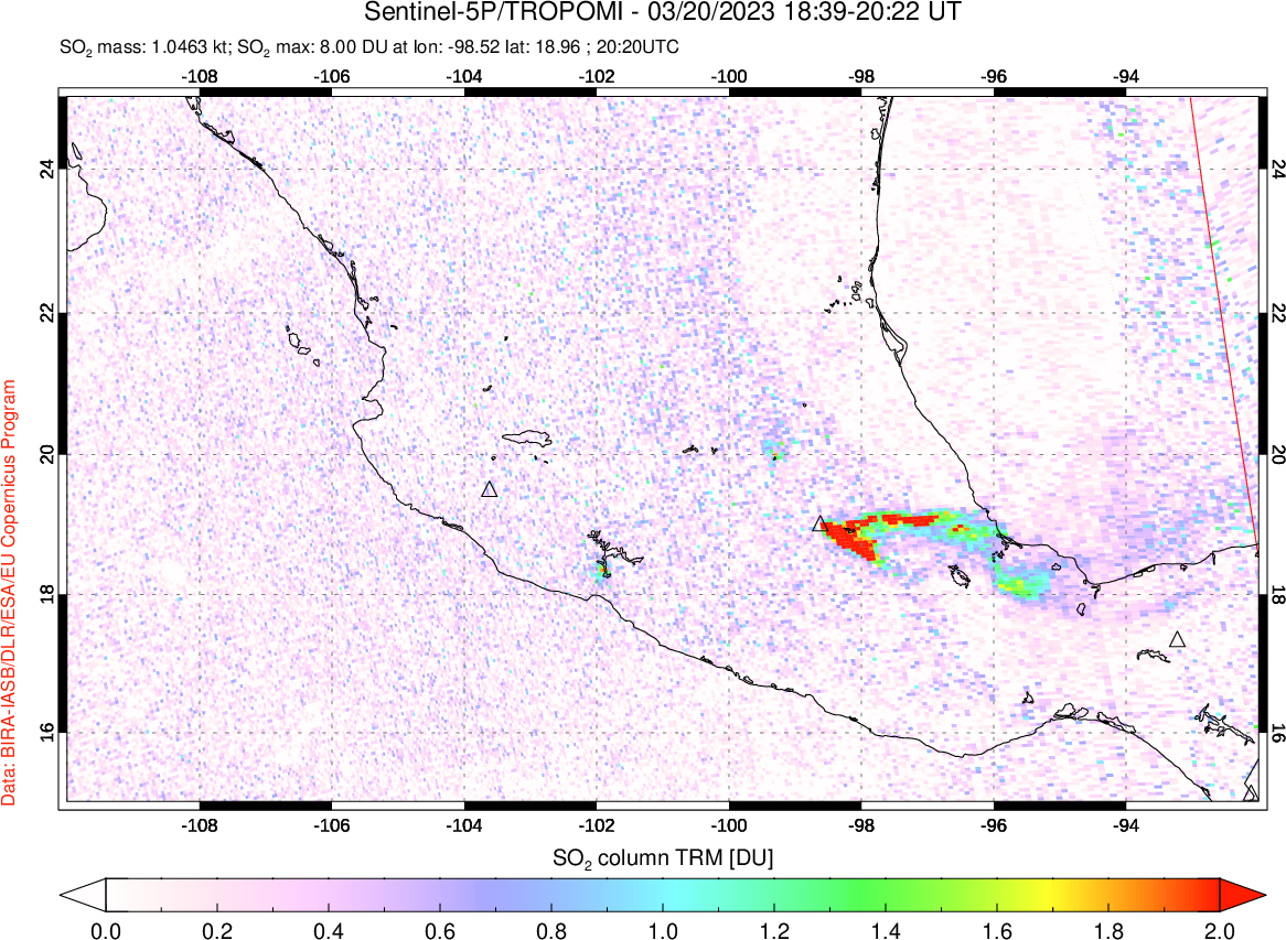 A sulfur dioxide image over Mexico on Mar 20, 2023.