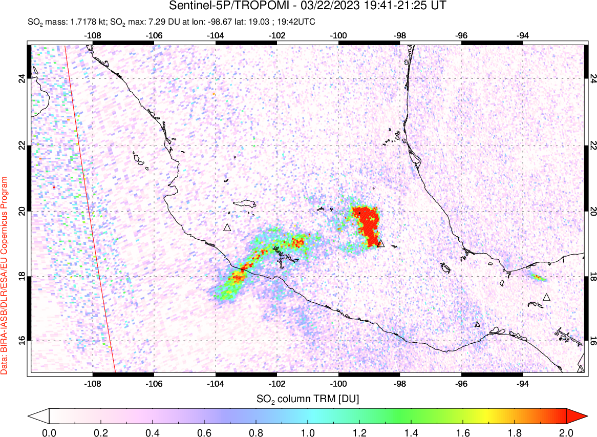 A sulfur dioxide image over Mexico on Mar 22, 2023.