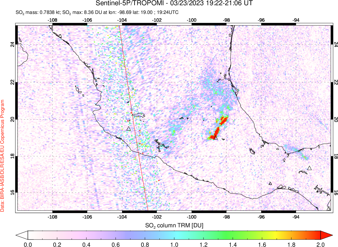 A sulfur dioxide image over Mexico on Mar 23, 2023.