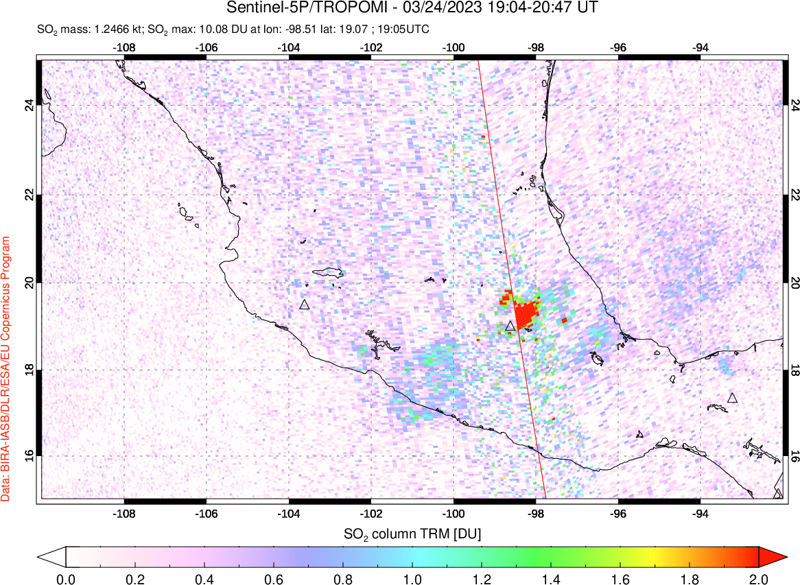 A sulfur dioxide image over Mexico on Mar 24, 2023.