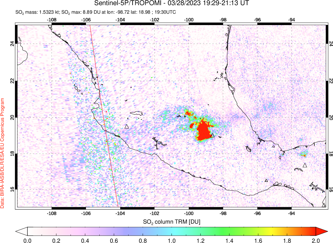 A sulfur dioxide image over Mexico on Mar 28, 2023.