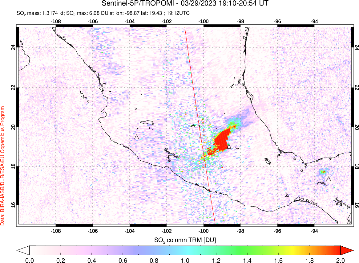 A sulfur dioxide image over Mexico on Mar 29, 2023.