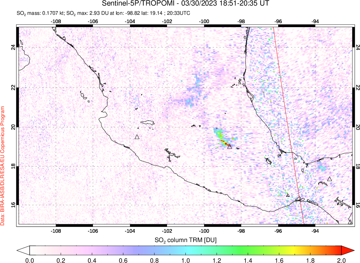 A sulfur dioxide image over Mexico on Mar 30, 2023.