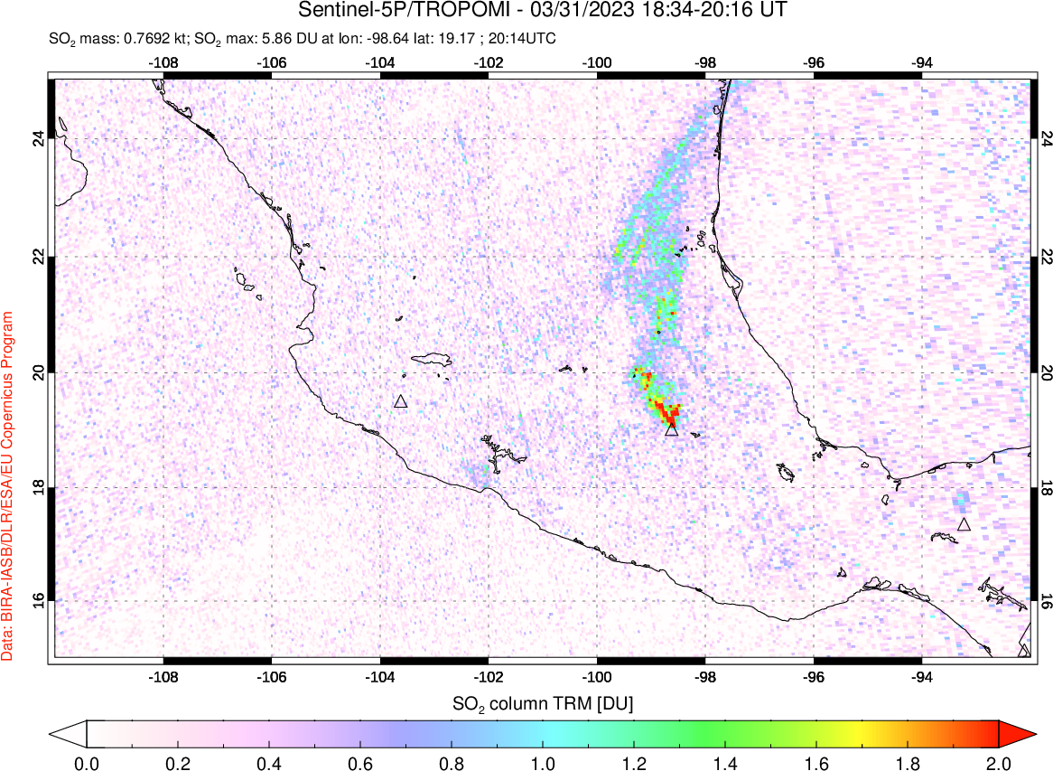 A sulfur dioxide image over Mexico on Mar 31, 2023.