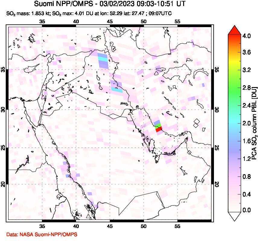 A sulfur dioxide image over Middle East on Mar 02, 2023.