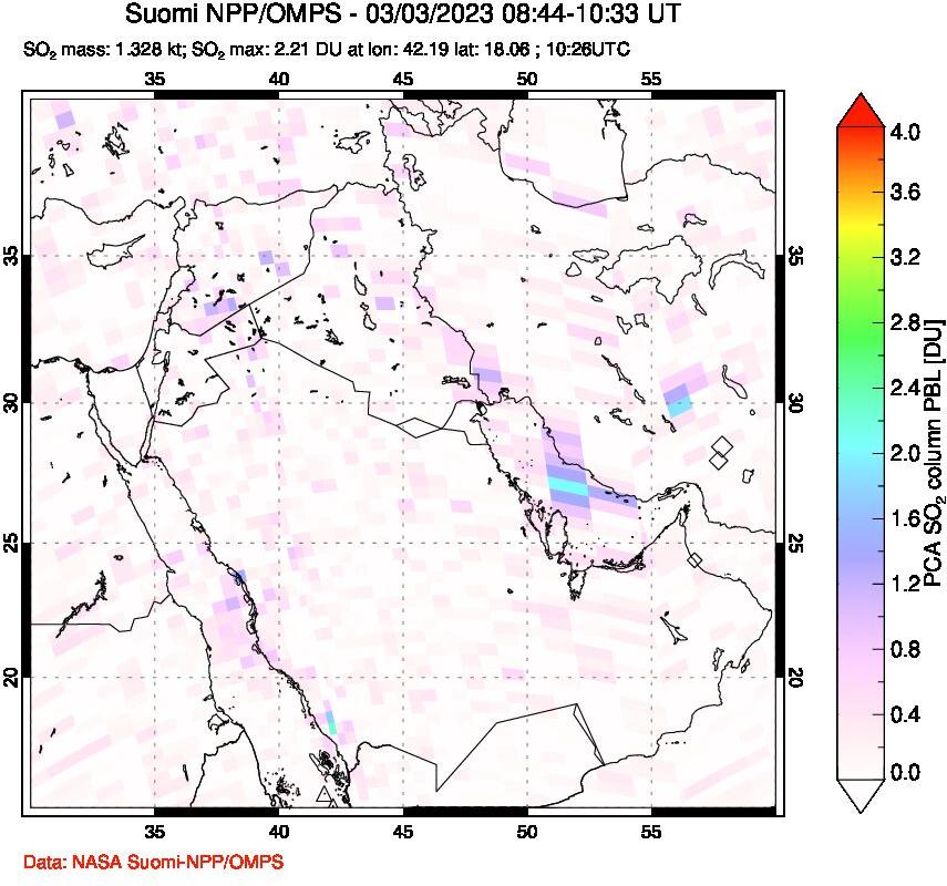 A sulfur dioxide image over Middle East on Mar 03, 2023.