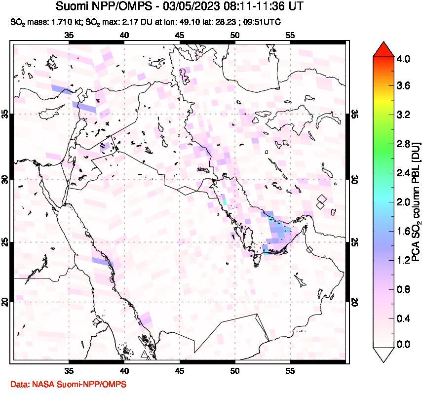 A sulfur dioxide image over Middle East on Mar 05, 2023.