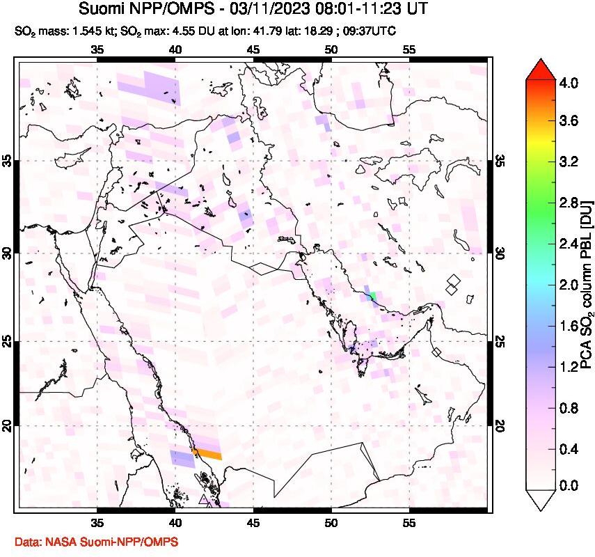 A sulfur dioxide image over Middle East on Mar 11, 2023.