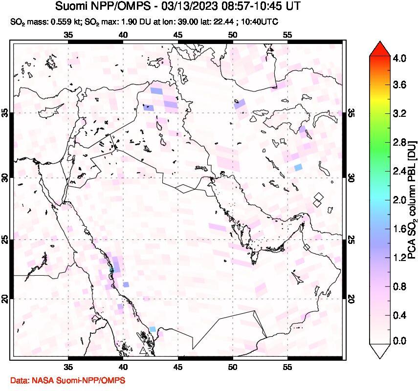 A sulfur dioxide image over Middle East on Mar 13, 2023.
