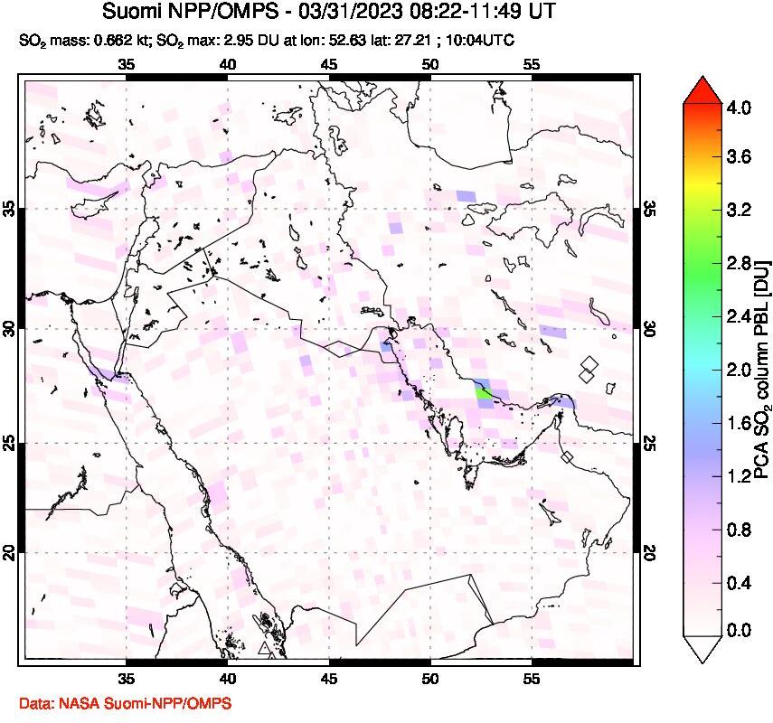 A sulfur dioxide image over Middle East on Mar 31, 2023.