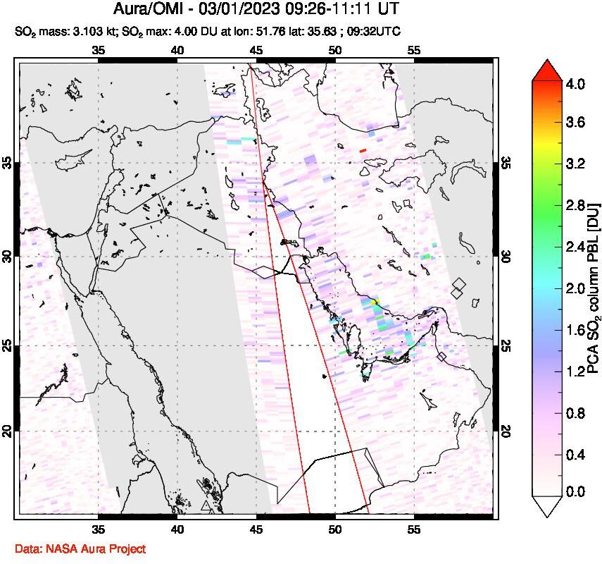 A sulfur dioxide image over Middle East on Mar 01, 2023.