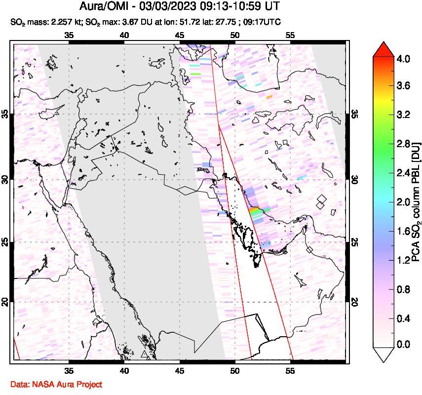 A sulfur dioxide image over Middle East on Mar 03, 2023.