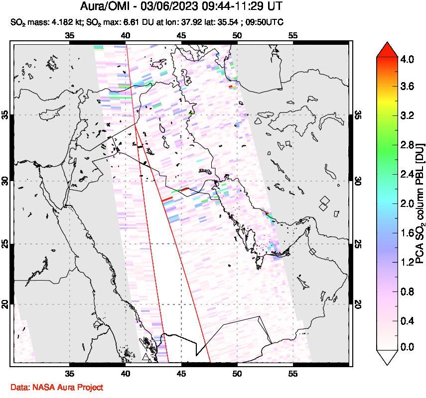 A sulfur dioxide image over Middle East on Mar 06, 2023.