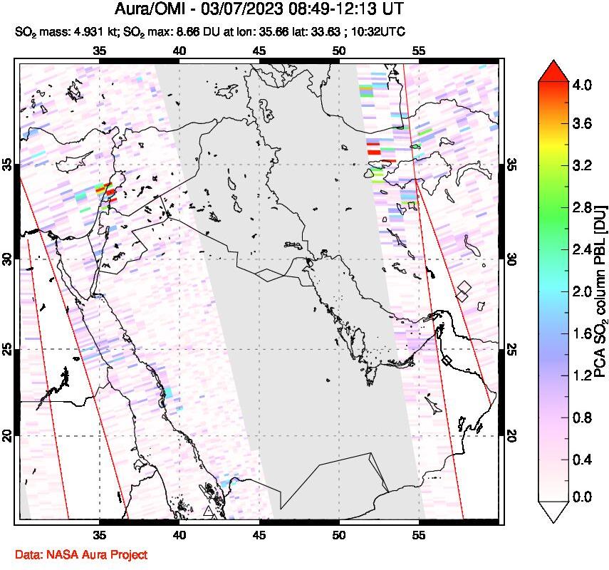 A sulfur dioxide image over Middle East on Mar 07, 2023.
