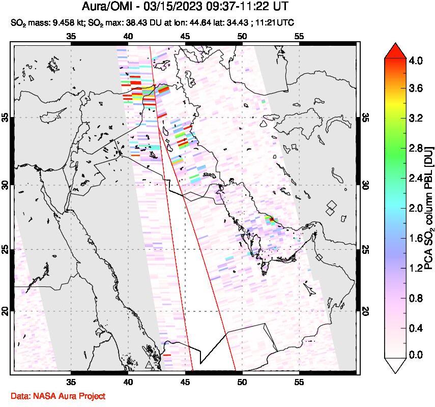 A sulfur dioxide image over Middle East on Mar 15, 2023.