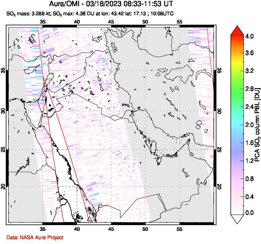 A sulfur dioxide image over Middle East on Mar 18, 2023.