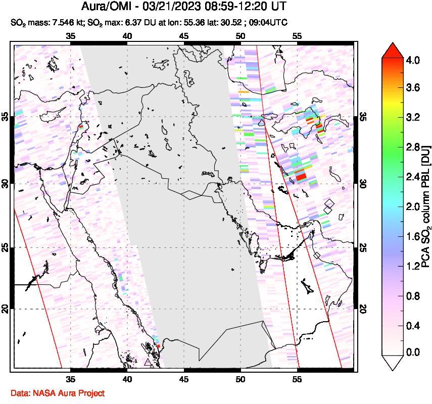 A sulfur dioxide image over Middle East on Mar 21, 2023.